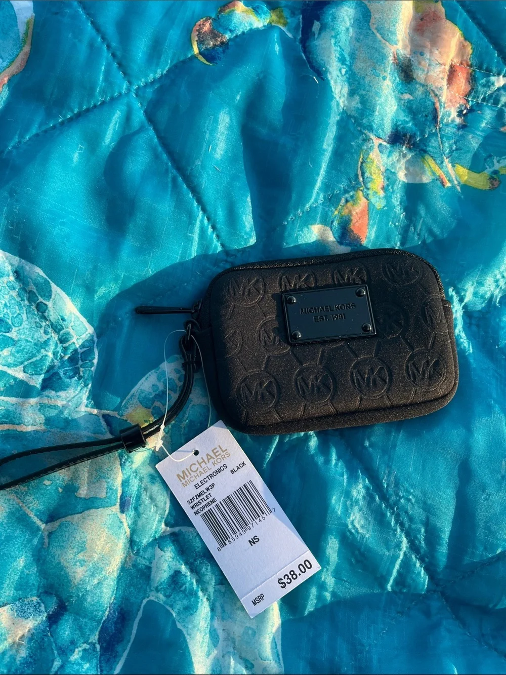 Michael Kors Black Embossed MK Wristlet Electronics Case